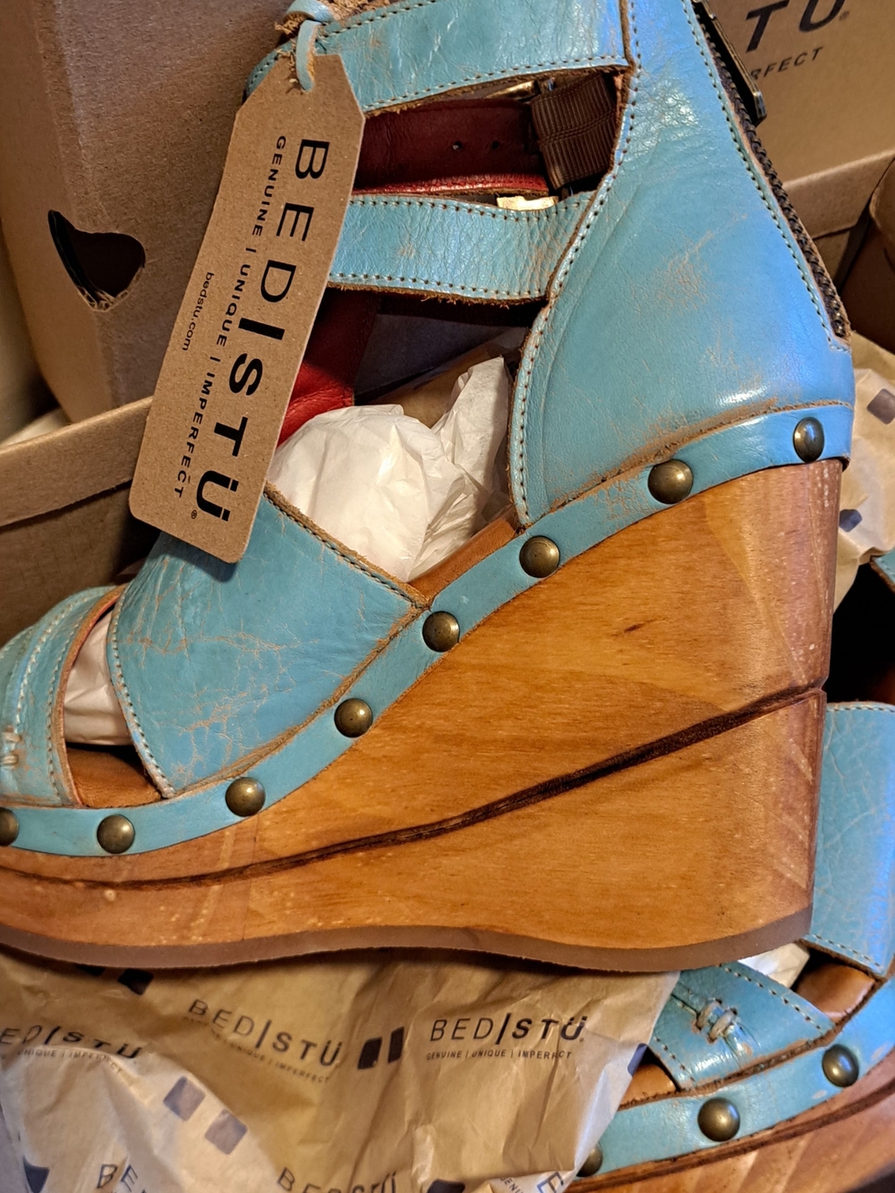 NIB Bed Stu Princess Baby Blue Turquoise Leather Studded Wooden Wedge Sandals